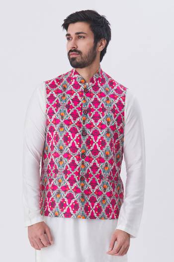 Here Is A Rich And Decent Looking Readymade Pair Of Men's Kurta Pyjama With Jacket. This Kurta And Pyjama Are Fabricated On Raw Silk Paired With Satin Printed Fabricated Jacket. Buy This Pair For The Upcoming Wedding And Festive Season. 

