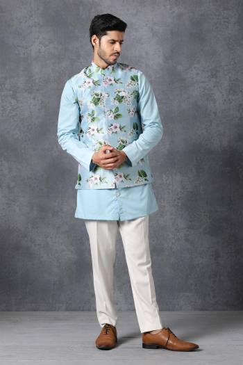 Here Is A Rich And Decent Looking Readymade Pair Of Men's Kurta Pyjama With Jacket. This Kurta And Pyjama Are Fabricated On Raw Silk Paired With Satin Printed Fabricated Jacket. Buy This Pair For The Upcoming Wedding And Festive Season. 

