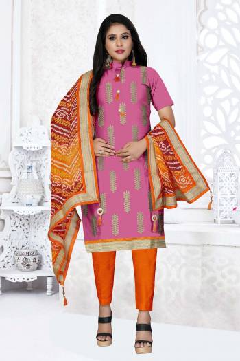 Grab This Very Beautiful And Elegant Looking Designer Straight Suit In Pink Color Paired With Orange Colored Bottom And Dupatta. Its Pretty Elegant Embroidered Top Is Fabricated On Glass Cotton Paired With Cotton Bottom and Georgette Fabricated Bandhani Printed Dupatta. 

