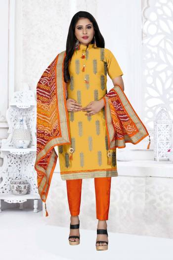 Grab This Very Beautiful And Elegant Looking Designer Straight Suit In Yellow Color Paired With Orange Colored Bottom And Dupatta. Its Pretty Elegant Embroidered Top Is Fabricated On Glass Cotton Paired With Cotton Bottom and Georgette Fabricated Bandhani Printed Dupatta. 

