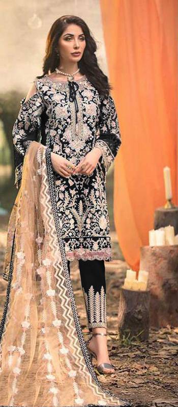 Grab This Pretty Designer Straight Suit In Black Color Paired With Bottom And Beige Colour Dupatta. Its Top Are Faux Georgette Based Paired With Santoon Bottom And Soft Net Dupatta. Its Top Is Beautified With Pretty Embroidery Giving An Elegant Look. 