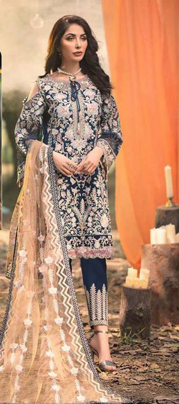 Grab This Pretty Designer Straight Suit In Nevy Blue Color Paired With Bottom And Beige Colour Dupatta. Its Top Are Faux Georgette Based Paired With Santoon Bottom And Soft Net Dupatta. Its Top Is Beautified With Pretty Embroidery Giving An Elegant Look. 