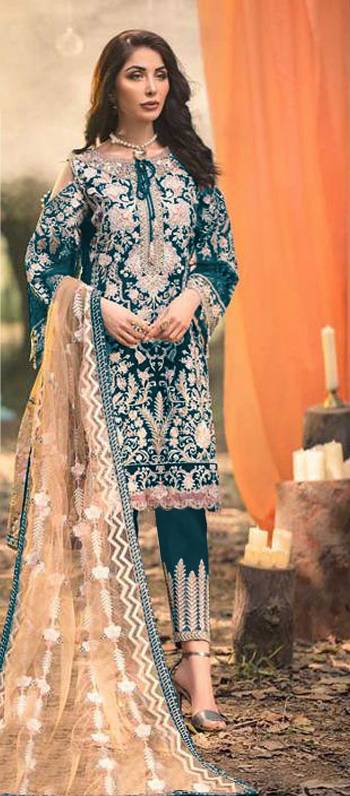 Grab This Pretty Designer Straight Suit In Rama Color Paired With Bottom And Beige Colour Dupatta. Its Top Are Faux Georgette Based Paired With Santoon Bottom And Soft Net Dupatta. Its Top Is Beautified With Pretty Embroidery Giving An Elegant Look. 