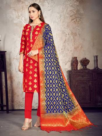 Here Is A Rich And Elegant Looking Silk Based Straight Suit In Dark Colored Top Paired With Matching Colored Bottom And Dupatta. Its Top And Dupatta Are Fabricated On Banarasi Silk Paired with Art Silk Bottom.

