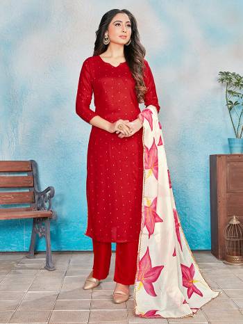 Simple and Elegant Looking Pretty Readymade Suits Is Here In Red Colored Top Bottom And White Printed Dupatta. Its Top IS Fabricated On Rayon Paired With Rayon Bottom And Dupatta With Foil Print. All Its Fabric Are Light Weight And Easy To Carry all Day Long. 

