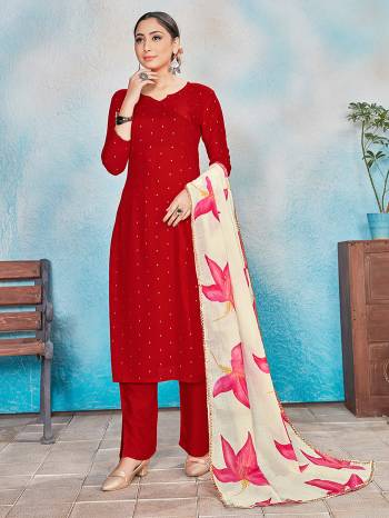 Simple and Elegant Looking Pretty Readymade Suits Is Here In Red Colored Top Bottom And Dupatta. Its Top IS Fabricated On Rayon Paired With Rayon Bottom And Dupatta With Foil Print. All Its Fabric Are Light Weight And Easy To Carry all Day Long. 

