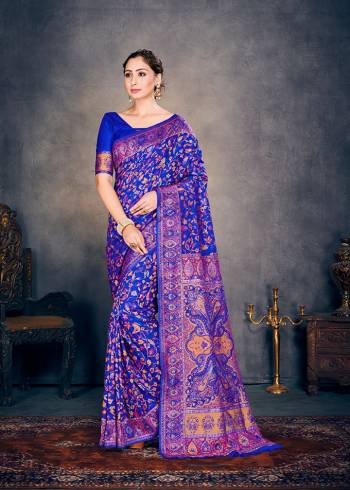 Celebrate This Festive Season In This Very Pretty Royal Blue Colored Designer Saree Paired With Blouse. This Saree and Blouse Are Cotton Silk Based Beautified With Detailed Woven Jacquard Designer Party Wear Saree. 