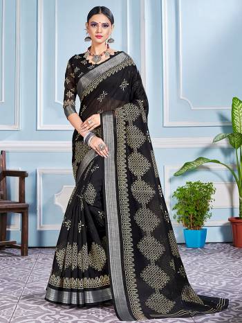 This Festive Season In This Very Pretty Black Colored Designer Saree Paired With Blouse. This Saree and Blouse Are Cotton Silk Based Beautified With Detailed Designer Printed Saree.  