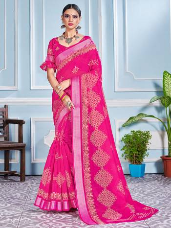 This Festive Season In This Very Pretty Pink Colored Designer Saree Paired With Blouse. This Saree and Blouse Are Cotton Silk Based Beautified With Detailed Designer Printed Saree.  