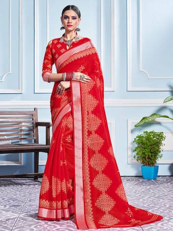 This Festive Season In This Very Pretty Red Colored Designer Saree Paired With Blouse. This Saree and Blouse Are Cotton Silk Based Beautified With Detailed Designer Printed Saree.  