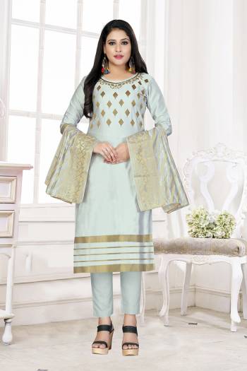 Rich And Elegant Looking Cotton Based Straight Suit In Light Colored Top Bottom And Dupatta. Its Top Are Cotton Wevon Fabricated And Dupatta Are Banarasi Jacquard Wevon Fabricated with Cotton Bottom. 