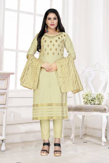 Rich And Elegant Looking Cotton Based Straight Suit In Light Colored Top Bottom And Dupatta. Its Top Are Cotton Wevon Fabricated And Dupatta Are Banarasi Jacquard Wevon Fabricated with Cotton Bottom. 