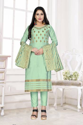 Rich And Elegant Looking Cotton Based Straight Suit In Light Colored Top Bottom And Dupatta. Its Top Are Cotton Wevon Fabricated And Dupatta Are Banarasi Jacquard Wevon Fabricated with Cotton Bottom. 