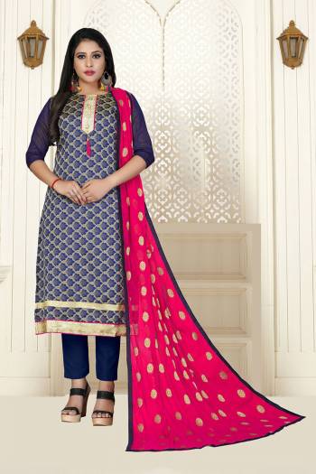 Rich And Elegant Looking Straight Suit In Fine Colored Top Bottom And Dupatta. Its Top Are Banarasi Wevon Work Fabricated And Dupatta Are Naznin Fabricated with Santoon Bottom. 