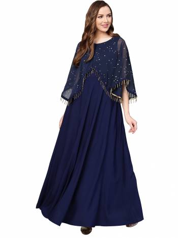 Grab This Readymade Long Kurti In Nevy Blue Color Fabricated On Crepe Beautified With Printed A-Line Cape Fringe Kurta. It Is Light In Weight And Easy To Carry All Day Long. 