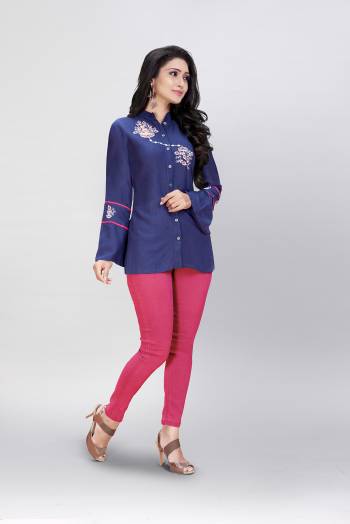 This Readymade Westen Kurti In Fine Color Fabricated On Rayon Beautified With Designer Embroidery Work. It Is Light In Weight And Easy To Carry All Day Long. 