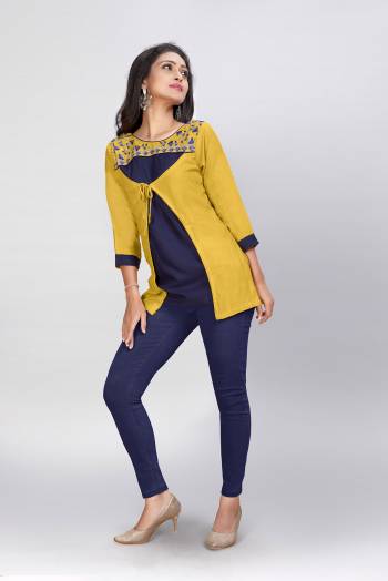 This Readymade Westen Kurti In Fine Color Fabricated On Rayon Beautified With Designer Embroidery Work. It Is Light In Weight And Easy To Carry All Day Long. 