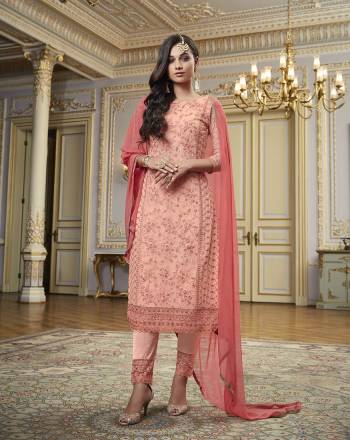 This Festive And Wedding Season, Be The Most Beautiful Diva Wearing This Designer Straight Suit In Fine Color. Its Embroidered With Hand WorkTop Is Fabricated on Georgette Paired With Santoon Work Bottom And Chiffon Swarovski  Dupatta. Buy Now. 

