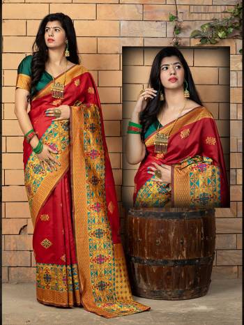 Celebrate This Festive Season In This Very Pretty Red Colored Designer Saree Paired With Contrasting Green Colored Blouse. This Saree and Blouse Are Banarasi Silk Based Beautified With Detailed Weaving Jacquard Saree. 