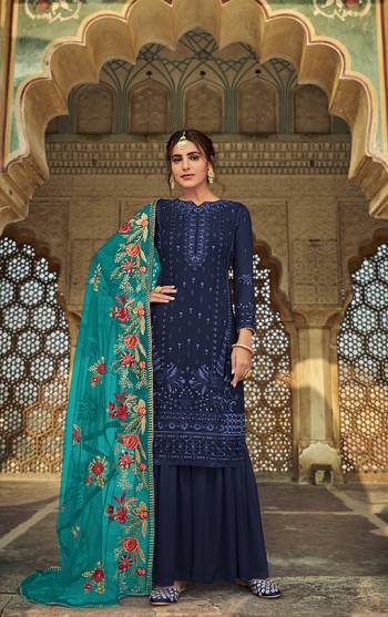 Here Is A Very Pretty Designer Straight Suit In Nevy Blue Color And Dupatta In Sea Green . Its?Embroidered Top Are Faux Georgette and Dupatta Are Fabricated On Heavy Net Paired with Santoon Fabricated Bottom. Its Fabrics Are Soft Towards Skin And Esnures Superb Comfort All Day Long.