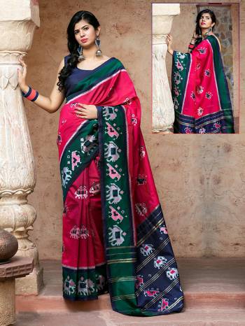 Adorn The Pretty Angelic Look Wearing This Heavy Designer Printed Saree In Pink Color Paired With Contrasting Nevy Blue Colored Blouse. This Saree Is Fabricated On Patola Silk Paired With Blouse. Its Pretty Color Pallete Will Give An Attractive Look To Your Personality. 