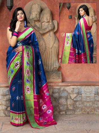 Adorn The Pretty Angelic Look Wearing This Heavy Designer Printed Saree In Royal Blue Color Paired With Contrasting Pink Colored Blouse. This Saree Is Fabricated On Patola Silk Paired With Blouse. Its Pretty Color Pallete Will Give An Attractive Look To Your Personality. 