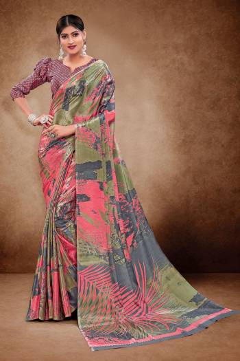 Look Attractive Wearing This Multy Colored Saree Paired With Blouse.  This  Designer Printed Saree Is Crepe Silk Based Which Gives A Rich Look To Your Personality. Buy This Pretty Saree Now.