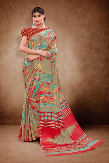 Look Attractive Wearing This Multy Colored Saree Paired With Blouse.  This  Designer Printed Saree Is Crepe Silk Based Which Gives A Rich Look To Your Personality. Buy This Pretty Saree Now.