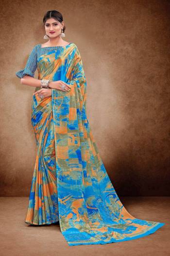 Look Attractive Wearing This Multy Colored Saree Paired With Blouse.  This  Designer Printed Saree Is Crepe Silk Based Which Gives A Rich Look To Your Personality. Buy This Pretty Saree Now.