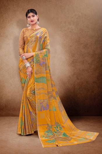 Look Attractive Wearing This Multy Colored Saree Paired With Blouse.  This  Designer Printed Saree Is Crepe Silk Based Which Gives A Rich Look To Your Personality. Buy This Pretty Saree Now.