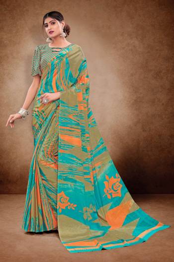 Look Attractive Wearing This Multy Colored Saree Paired With Blouse.  This  Designer Printed Saree Is Crepe Silk Based Which Gives A Rich Look To Your Personality. Buy This Pretty Saree Now.