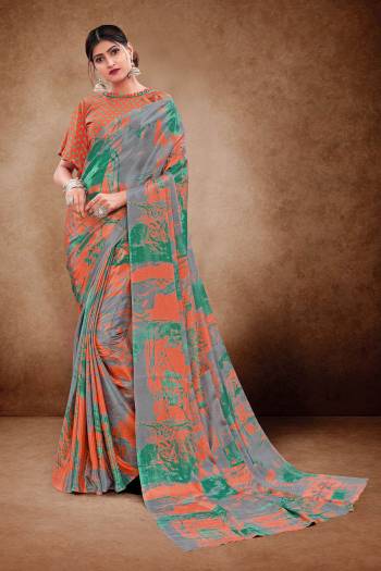 Look Attractive Wearing This Multy Colored Saree Paired With Blouse.  This  Designer Printed Saree Is Crepe Silk Based Which Gives A Rich Look To Your Personality. Buy This Pretty Saree Now.