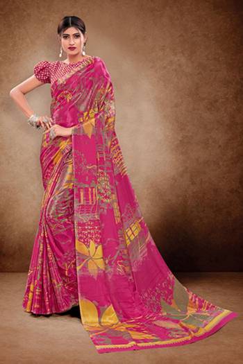 Look Attractive Wearing This Multy Colored Saree Paired With Blouse.  This  Designer Printed Saree Is Crepe Silk Based Which Gives A Rich Look To Your Personality. Buy This Pretty Saree Now.