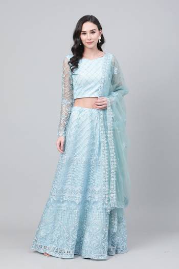 Celebrate This Festive Season With Beauty And Comfort Wearing This Lovely Heavy Designer Embroidry Lehenga Choli In Sky Blue Colored Blouse Paired And Sky Blue Dupatta. This Pretty Blouse And Lehenga Are Net Based Paired With Net Fabricated Dupatta