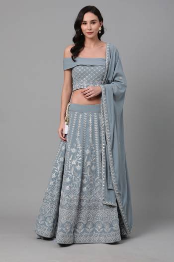 Celebrate This Festive Season With Beauty And Comfort Wearing This Lovely Heavy Designer Embroidry Lehenga Choli In Sky Blue Colored Blouse Paired And Sky Blue Dupatta. This Pretty Blouse And Lehenga Are Georgette Based Paired With Georgette Fabricated Dupatta