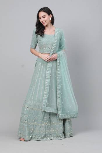 Heavy Designer Embroidery Lehenga Choli In Dusty Green Color Fabricated On Georgette Beautified With Heavy Attractive Thread,Sequance And Gota Patti Embroidery. 