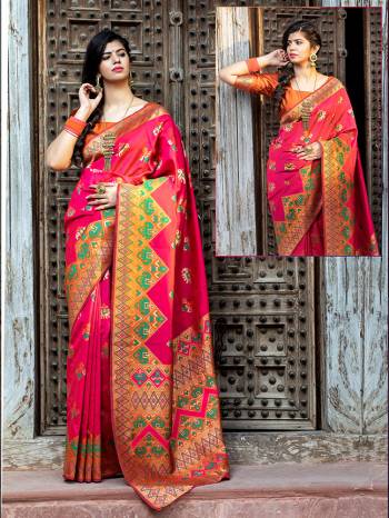 Adorn The Pretty Angelic Look Wearing This Heavy Weaving Designer Saree In Pink Color Paired With Contrasting Orange Colored Blouse. This Saree Is Fabricated On Patola Silk Paired With Blouse. Its Pretty Color Pallete Will Give An Attractive Look To Your Personality. 