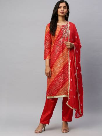 Look Pretty This Designer Suit In Lovely  Color.?Its Pretty Bandhani Printed With Gota patti Embroidred Top Is Soft Chanderi Based Paired With Santoon Bottom And Chiffon Fabricated Dupatta Which Gives An Attractive To The Suit.