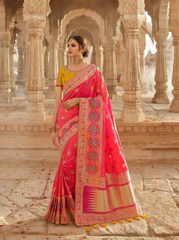 Look Attractive Wearing This Heavy Wevon Jacquard Saree Paired With Heavy Embroidery Blouse.  This Heavy Designer Saree Is Banarasi Silk Based And Blouse Are Raw Silk.Which Gives A Rich Look To Your Personality. Buy This Pretty Saree Now.