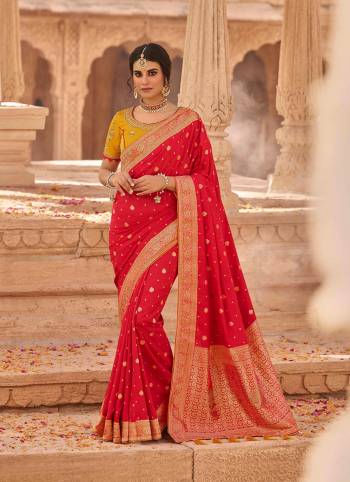 Look Attractive Wearing This Heavy Wevon Jacquard Saree Paired With Heavy Embroidery Blouse.  This Heavy Designer Saree Is Banarasi Silk Based And Blouse Are Raw Silk.Which Gives A Rich Look To Your Personality. Buy This Pretty Saree Now.