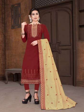 Grab This Very Beautiful And Elegant Looking Designer Straight Suit In Dark Color Paired With Light Colored Dupatta. Its Pretty Elegant Embroidered Top Is Fabricated On Viscose Slub Paired With Santoon Bottom and Gadwal Fabricated Heavy Embroidery Dupatta. 

