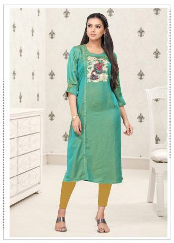 Grab This Readymade Long Kurti In Rama Color Fabricated On Cotton Beautified With Prints. It Is Light In Weight And Easy To Carry All Day Long. 