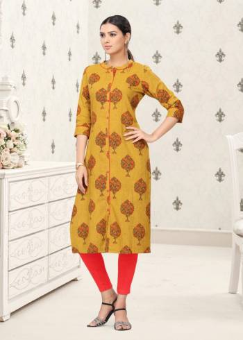 Grab This Readymade Long Kurti In Yellow Gold Color Fabricated On Cotton Beautified With Block Prints. It Is Light In Weight And Easy To Carry All Day Long. 