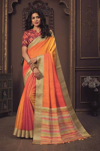 Look Attractive Wearing This Pink Orange Colored Saree Paired With Orange Colored Blouse.  This Heavy Designer Saree Is Airy Silk Based Which Gives A Rich Look To Your Personality. Buy This Pretty Saree Now.