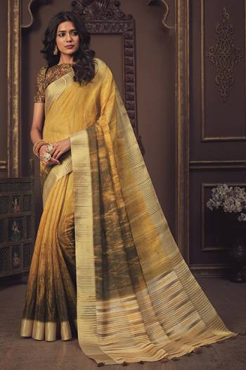 Look Attractive Wearing This Golden Colored Saree Paired With Golden Colored Blouse.  This Heavy Designer Saree Is Airy Silk Based Which Gives A Rich Look To Your Personality. Buy This Pretty Saree Now.