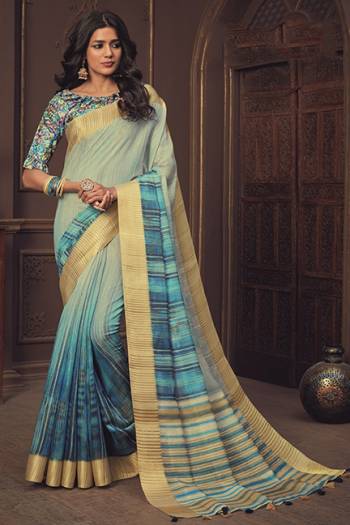 Look Attractive Wearing This Sky Blue Colored Saree Paired With Sky Blue Colored Blouse.  This Heavy Designer Saree Is Airy Silk Based Which Gives A Rich Look To Your Personality. Buy This Pretty Saree Now.