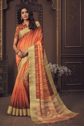 Look Attractive Wearing This Orange Colored Saree Paired With Orange Colored Blouse.  This Heavy Designer Saree Is Airy Silk Based Which Gives A Rich Look To Your Personality. Buy This Pretty Saree Now.