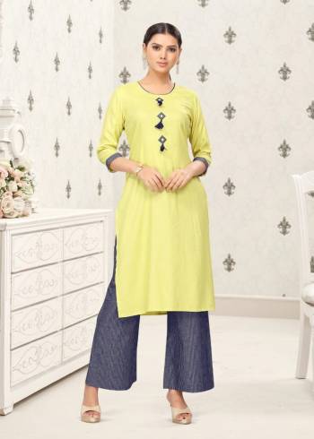 This Readymade Long Kurti & Bottom In Yellow Color Fabricated Top And Nevy Blue Bottom On Cotton Top And Denin Bottom Beautified With Plain. It Is Light In Weight And Easy To Carry All Day Long. 