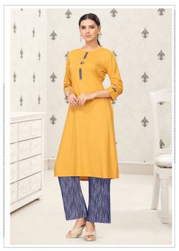 This Readymade Long Kurti & Bottom In Golden Color Fabricated Top And Nevy Blue Bottom On Cotton Top And Denin Bottom Beautified With Plain. It Is Light In Weight And Easy To Carry All Day Long. 