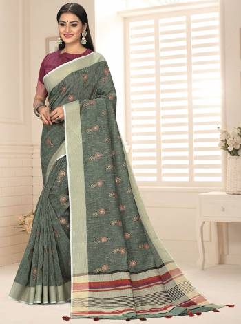 Grab This Pretty Elegant Looking Designer Saree In Dusty Color Paired With Contrasting Colored Blouse. This Saree And Blouse Are Linen Based Beautified With Weaving Designer. Buy Now.